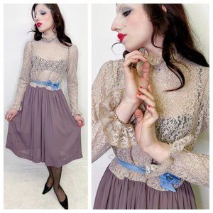 Vintage 70s S. Howard Hirsh High Collar Ruffle Cuff Lace Dress S Small gothic Ed